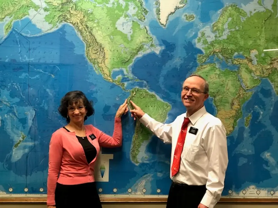 Couple points at South America on world map.