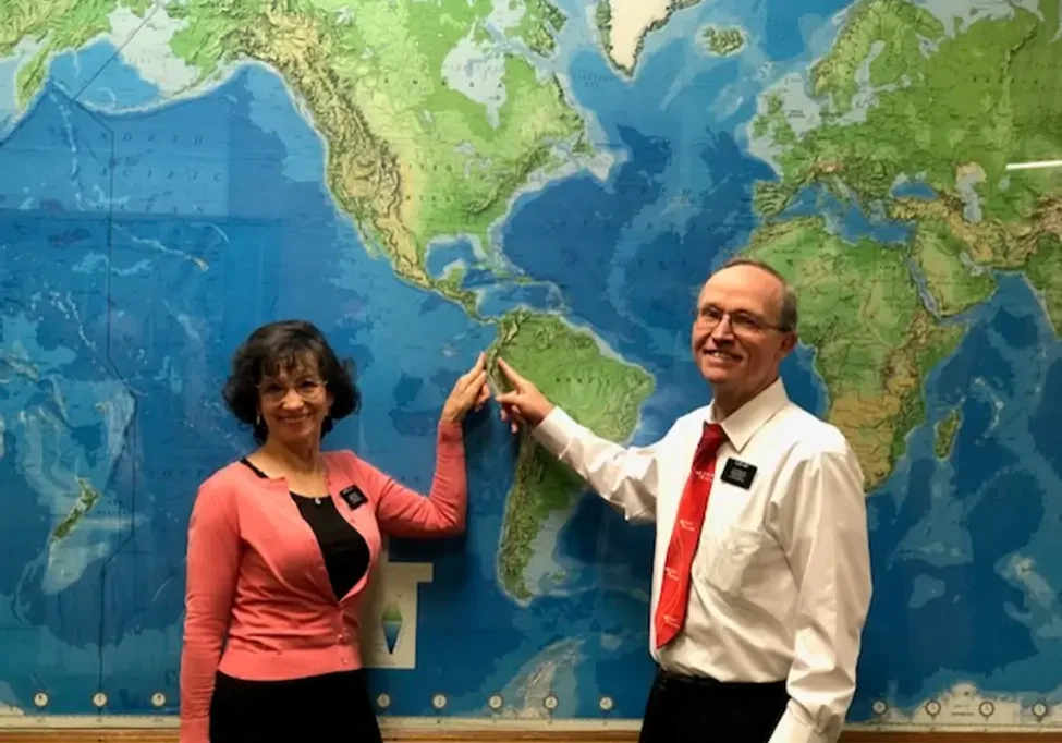 Couple points at South America on world map.